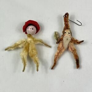 Vtg 1950s Pipe Cleaner Santa & Elf Ornaments Set Chenille Spun Head Christmas